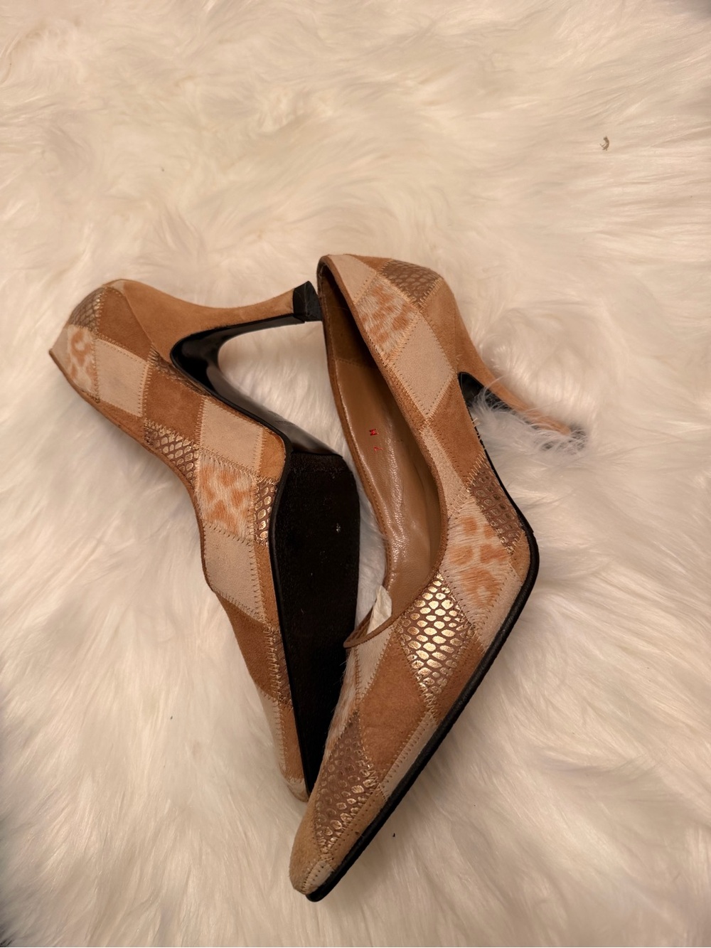 Neutral Patchwork Pointed-Toe Pumps - Tan